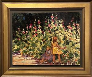 Hollyhock Dolls Phyllis Horne, Hollyhock Dolls, oil on panel, 17x20 with frame
